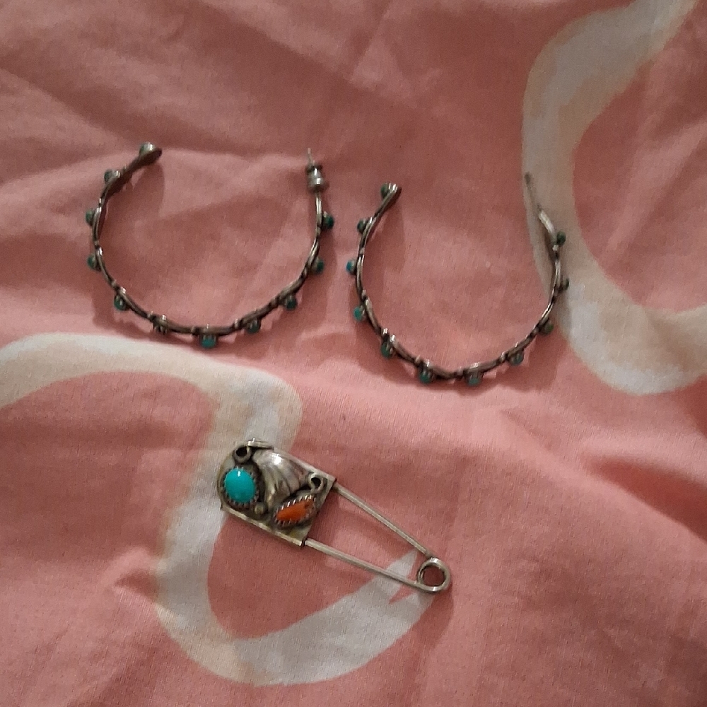 Silver Hoop Earrings and Safety Pin Brooch with Turquoise